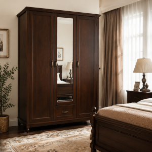 3-Door Wardrobe - Dark Walnut, Mirror Panel, 60"W