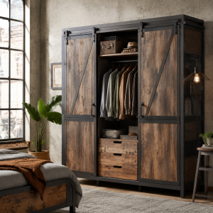 Industrial Armoire - Metal & Wood, Sliding Doors, 48"W