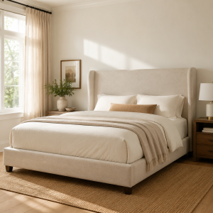 Upholstered Platform Bed - Linen, Wingback Headboard, Queen