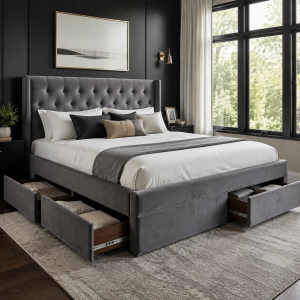 Storage Bed - Upholstered, 4 Drawers, Grey Velvet, King