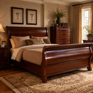 Sleigh Bed - Solid Wood, Cherry Finish, Queen