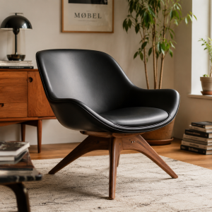 Mid-Century Shell Lounge Chair - Black Faux Leather, Walnut Wood Base
