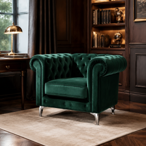 Chesterfield Club Chair - Velvet, Diamond Tufted, Chrome Legs