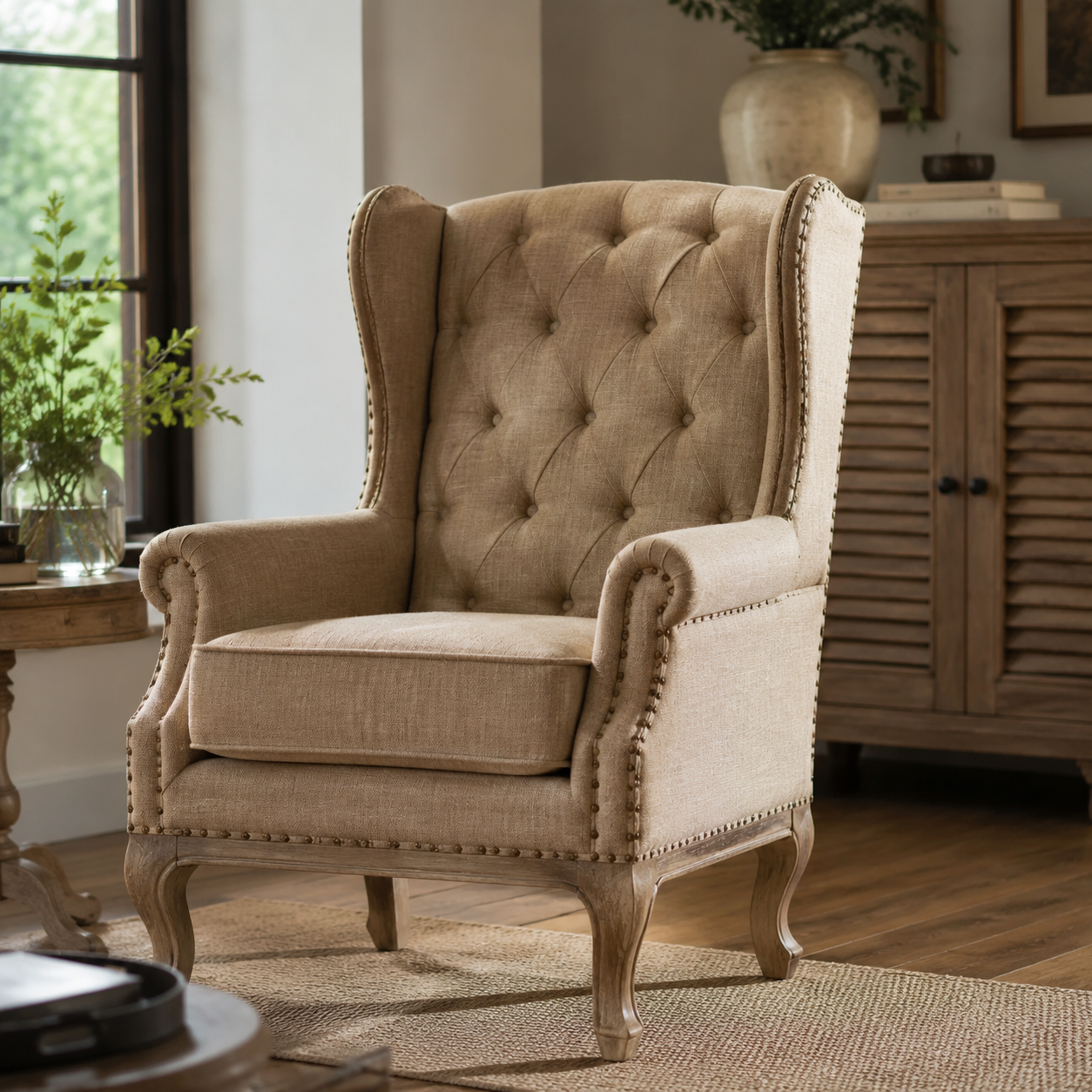 Rustic Wingback Accent Chair with Arms - Tufted Button Design