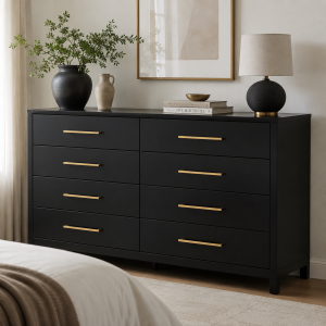 8-Drawer Dresser - Modern Black, Gold Handles, 60"W