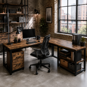 L-Shape Desk - Industrial, Reclaimed Wood & Metal, 60"W