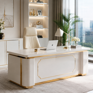 Executive Desk - Modern, White Lacquer, Gold Accents, 66"W