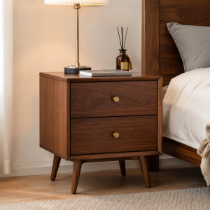 2-Drawer Nightstand - Mid-Century, Walnut, Tapered Legs