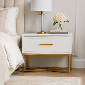 1-Drawer Nightstand - Modern, White & Gold, Open Shelf
