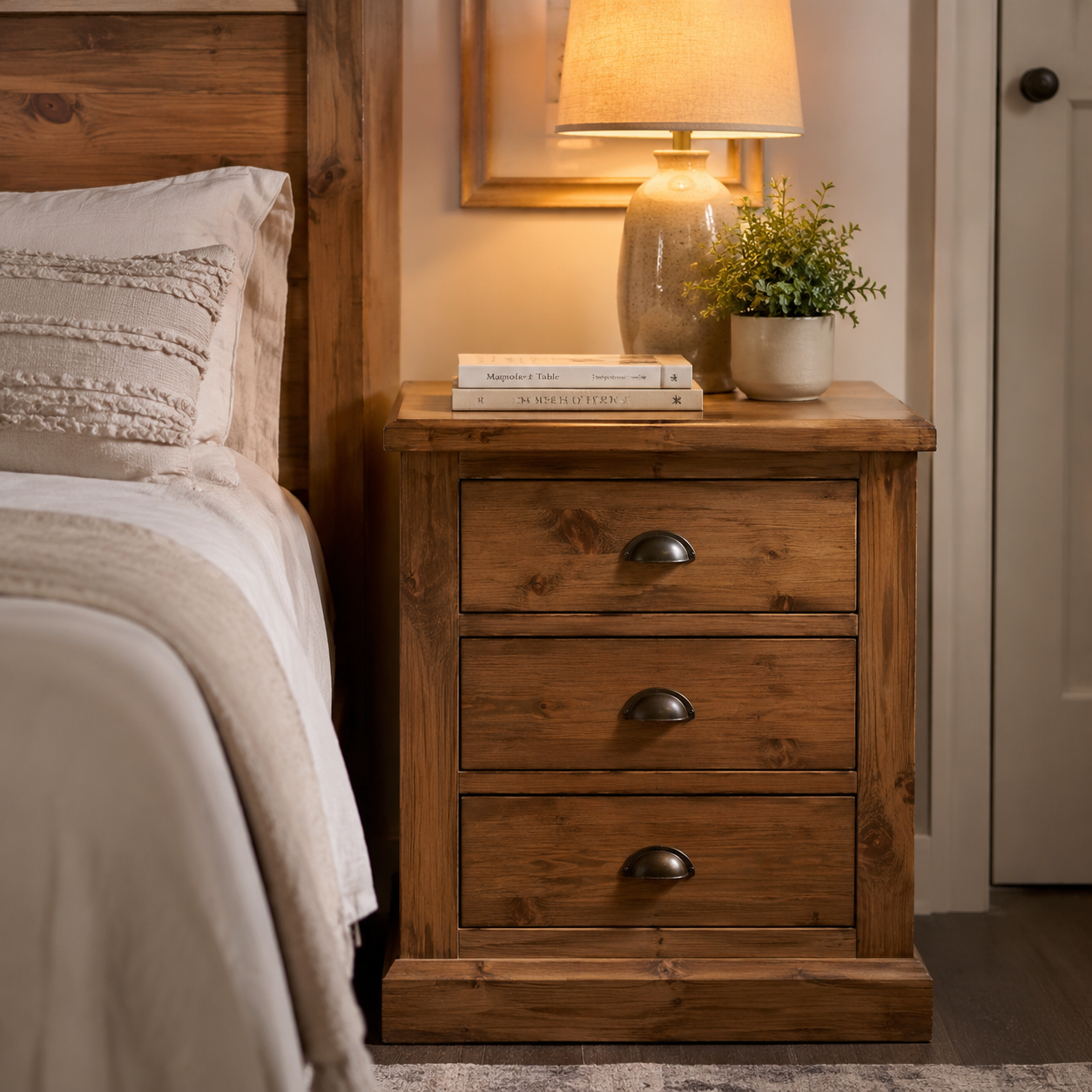 3-Drawer Nightstand - Rustic, Pine, Black Hardware