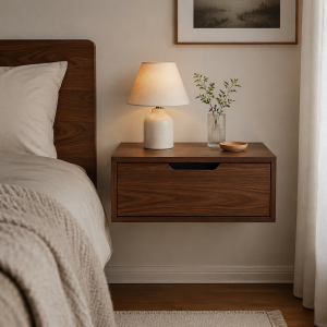 Floating Nightstand - Wall-Mounted, Walnut, Drawer + Shelf