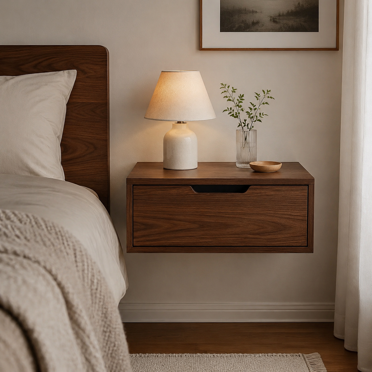 Floating Nightstand - Wall-Mounted, Walnut, Drawer + Shelf