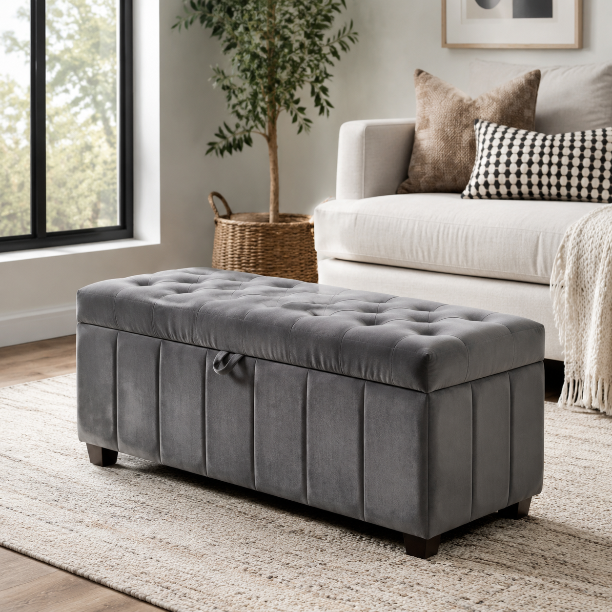 Storage Ottoman - Tufted Velvet, Grey, 36"L