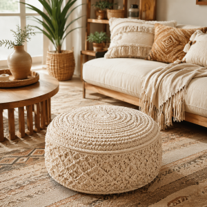 Round Pouf - Woven Cotton, Boho Style, 20"D