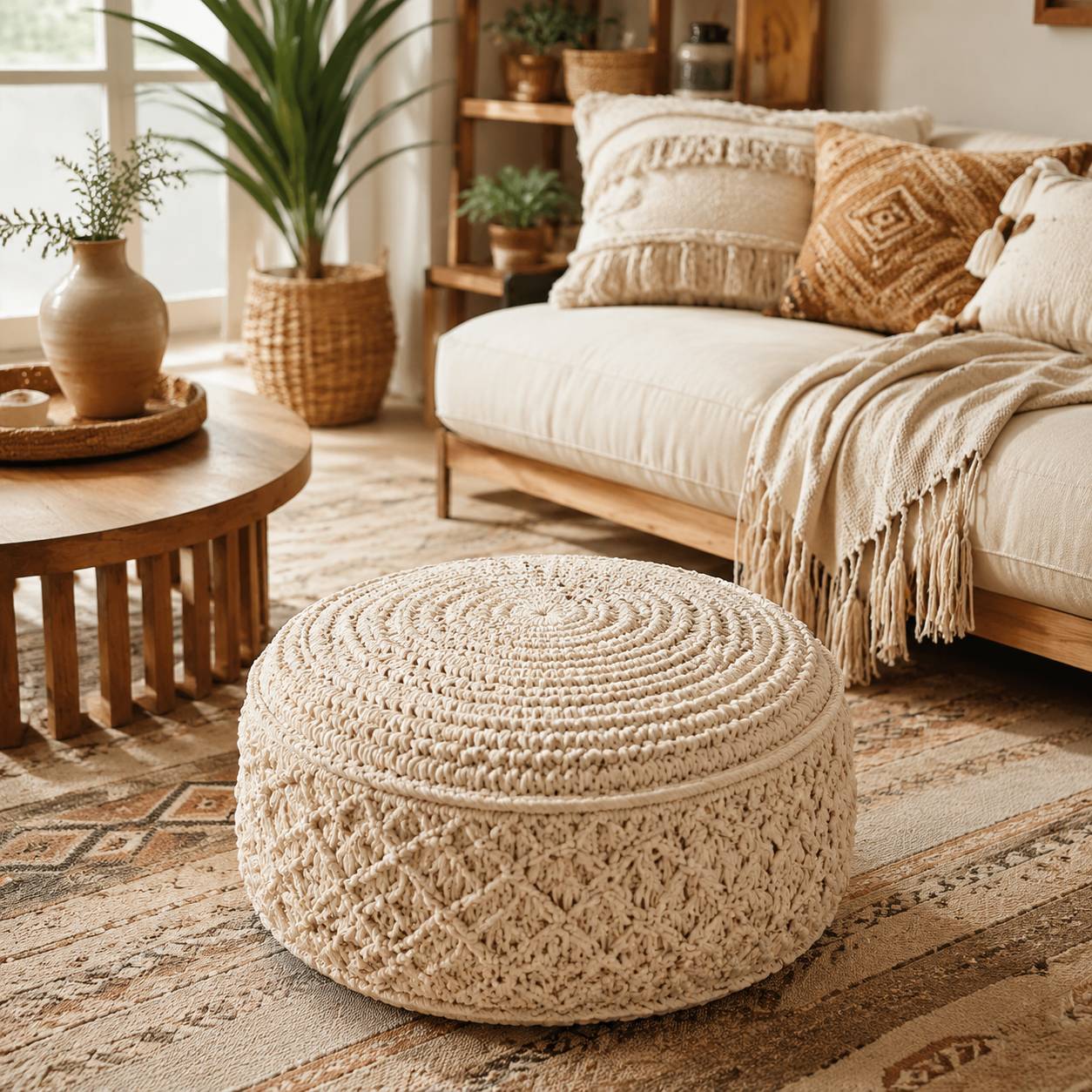 Round Pouf - Woven Cotton, Boho Style, 20"D