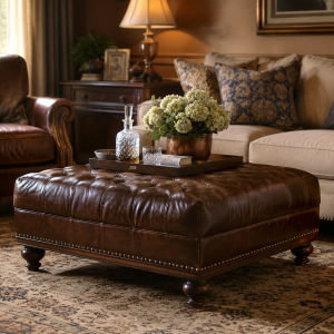 Leather Ottoman - Brown, Cocktail Style, 40"L