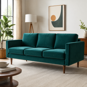 Mid-Century Modern Sofa - Teal Velvet, 3-Seater, Square Arms, Wood Frame, 88"W x 33"H