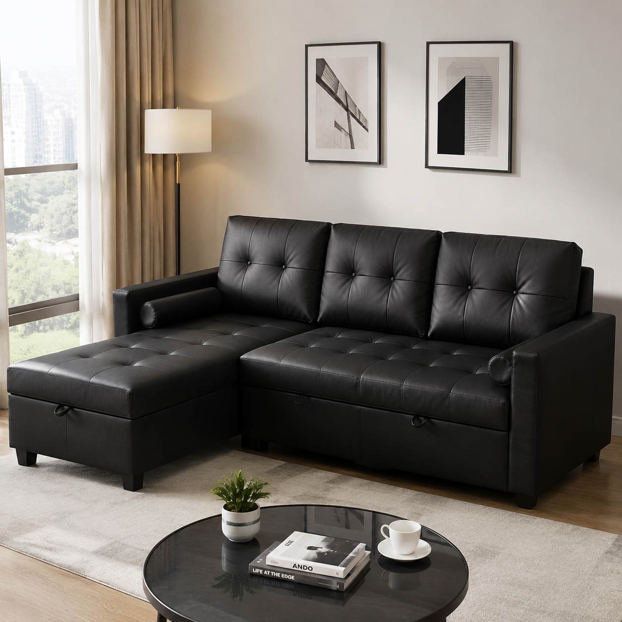 L-Shape Sectional Sofa - Black Faux Leather, Tufted, Pocket Coil, 82"W x 35"H
