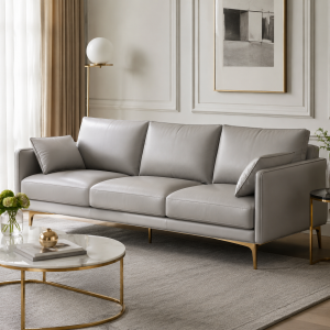 Mid-Century Modern Sofa - Light Grey Top Grain Leather, Tufted, Gold Metal Legs