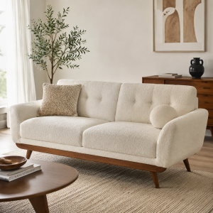 Mid-Century Modern Sofa - Cream Boucle, Tufted Back, Walnut Wood Legs