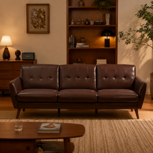 Mid-Century Modern Sofa - Dark Brown Faux Leather, Rubberwood Frame, 3-Seater