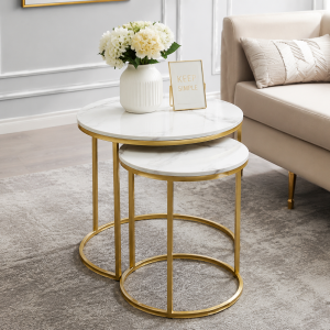 Nesting Side Tables - Set of 2, Gold Metal & Marble Top