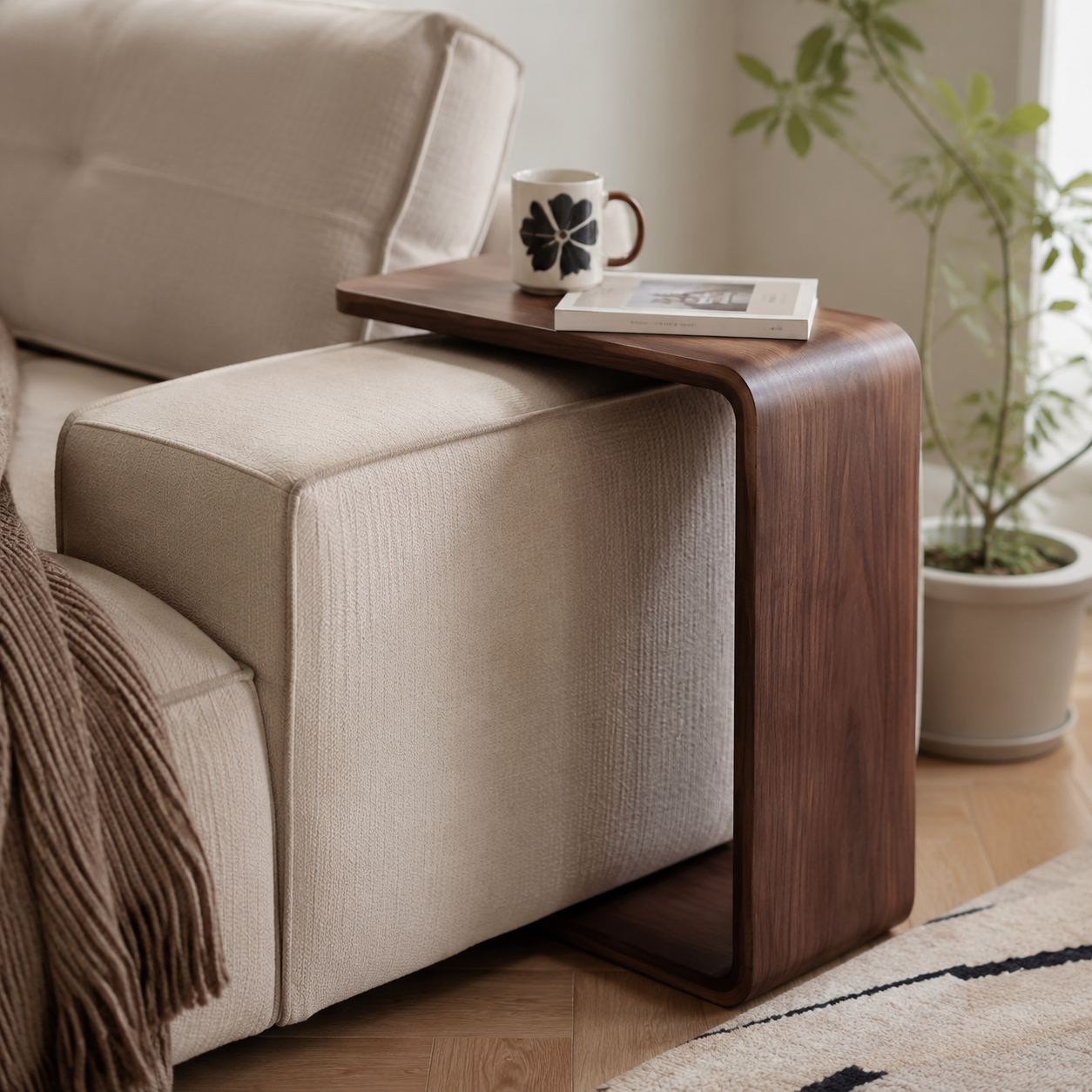 C-Shape Side Table - Walnut, Snugs Over Sofa, 18"W