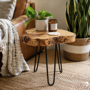 Acacia Wood Side Table - Natural Edge, Hairpin Legs, 22"D