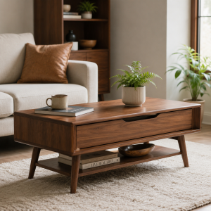 Mid-Century Modern Coffee Table - Walnut Veneer, Tapered Legs, 48"L