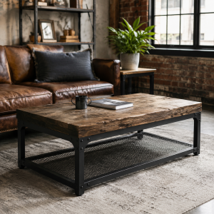 Industrial Coffee Table - Reclaimed Wood Top, Metal Frame, 52"L