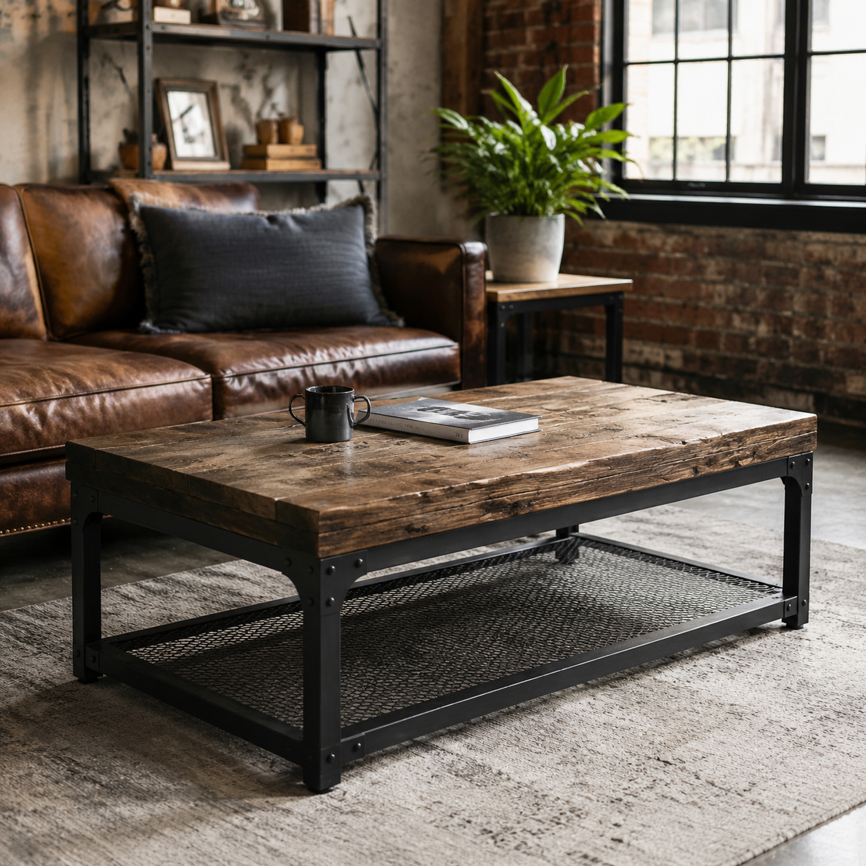 Industrial Coffee Table - Reclaimed Wood Top, Metal Frame, 52"L