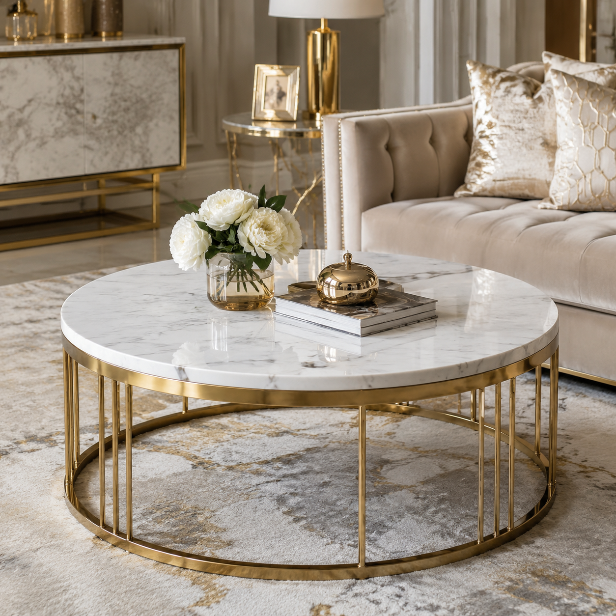 Marble Top Coffee Table - Gold Metal Frame, 42" Round