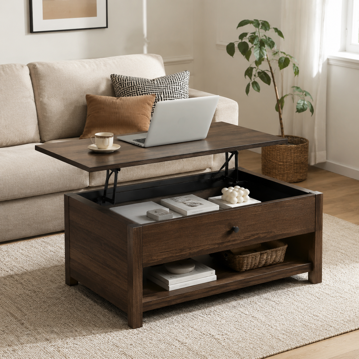 Lift-Top Coffee Table - Dark Oak, Storage Compartment, 48"L