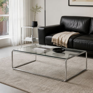 Glass Top Coffee Table - Chrome Frame, Minimalist Design, 46"L